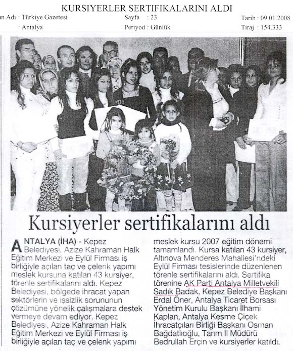Türkiye Gazetesi - Kursiyerler Sertifikalarını Aldılar - 9 Ocak 2008