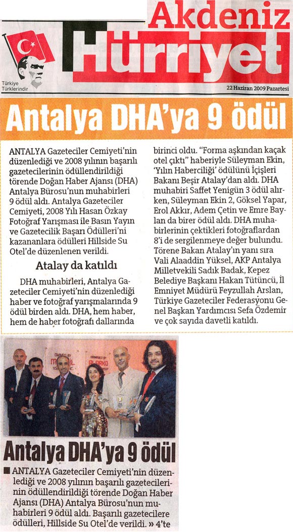 Hürriyet Akdeniz - Antalya DHA'ya 9 Ödül - 22 Haziran 2009