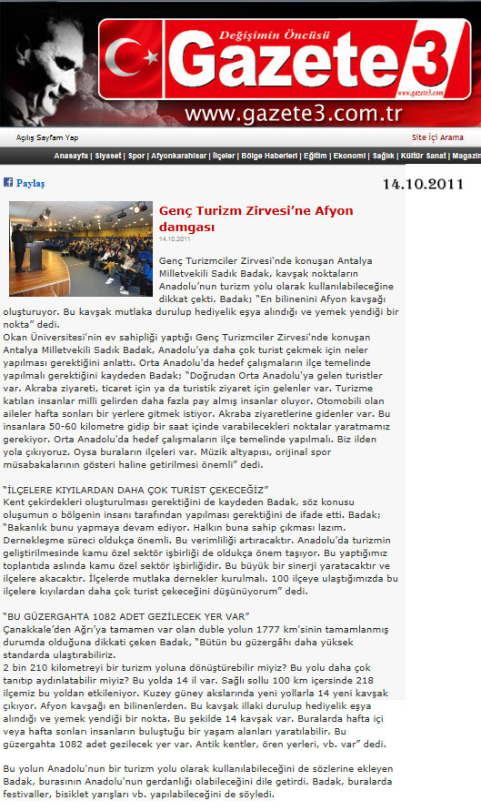 Gazete 3 - Genç Turizm Zirvesine Afyon Damgası -14 Ekim 2011