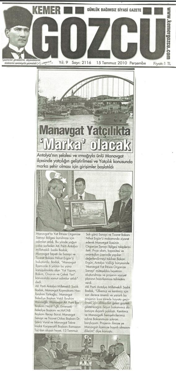 Kemer Gözcü Gazetesi - Manavgat Yatçılıkta 'Marka' olacak - 15 Temmuz 2010