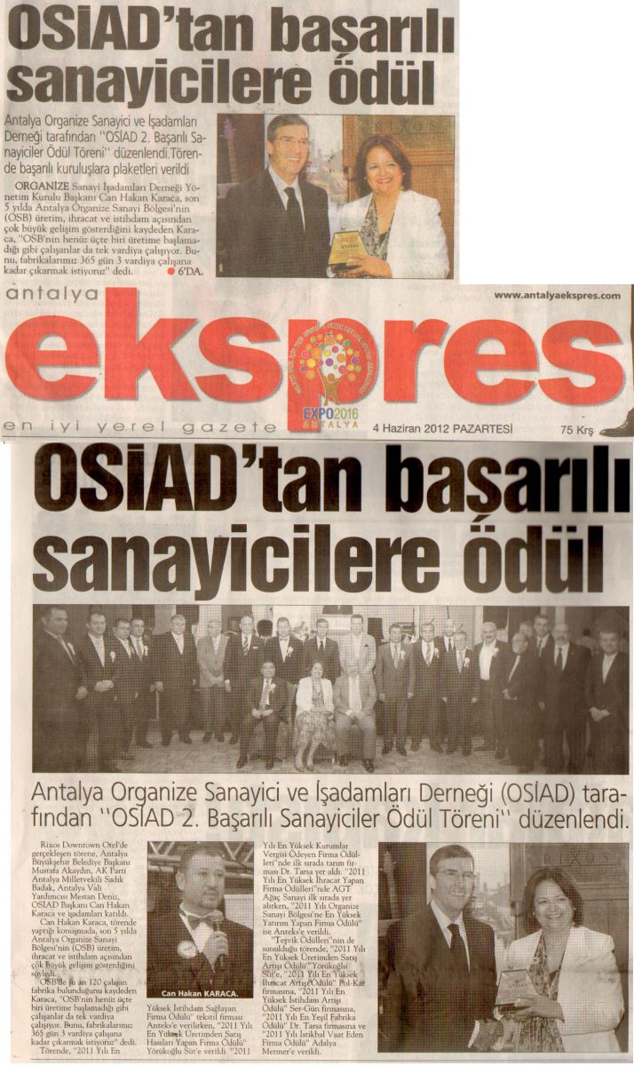 Ekspres - OSİAD'tan Başarılı Sanayicilere Ödül - 4 Haziran 2012