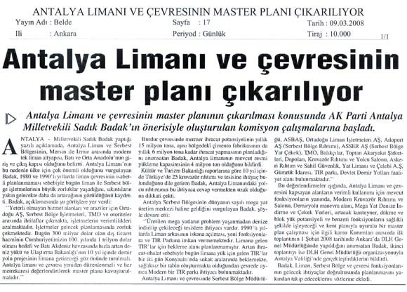 Belde - Antalya Limanı ve Çevresinin Master Planı Çıkarılıyor - 9 Mart 2008