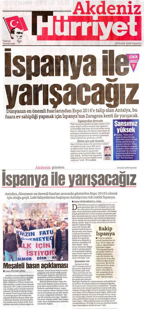 Hürriyet Akdeniz - İspanya İle Yarışacağız - 29 Aralık 2008