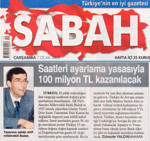 Sabah - Saatleri Ayarlama Yasasıyla 100 Milyon TL Kazanılacak - 7 Ocak 2009