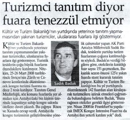 Yeni Şafak -Turizmci Tanıtım Diyor Fuara Tenezzül Etmiyor - 5 Mart 2008