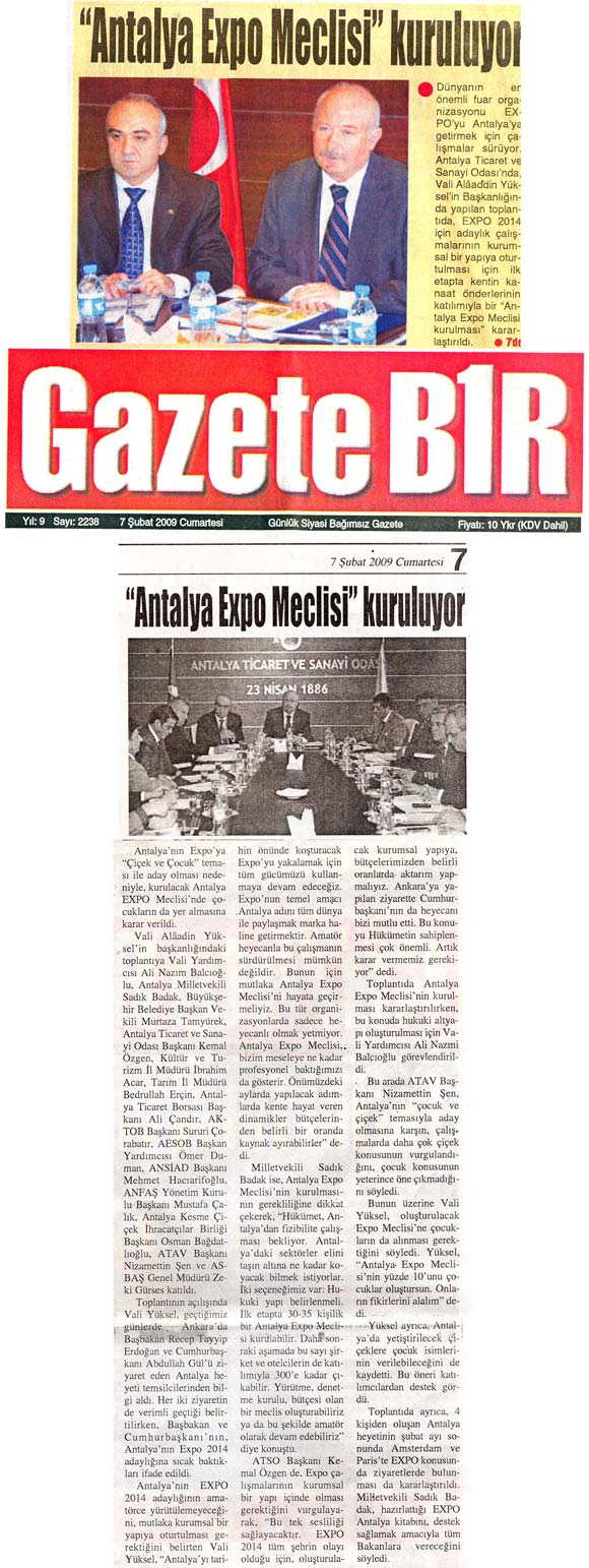 Gazete Bir - Antalya Expo Meclisi Kuruluyor - 7 Şubat 2009