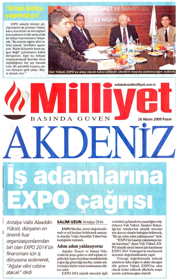 Milliyet Akdeniz - İşadamlarına EXPO Çağrısı - 26 Nisan 2009