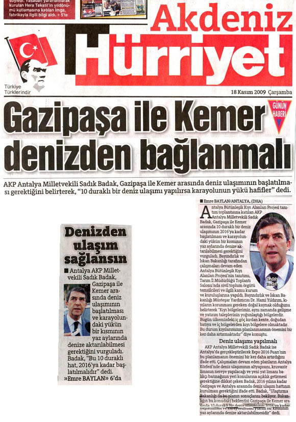 Hürriyet Akdeniz - Gazipaşa ile Kemer denizden bağlanmalı - 18 Kasım 2009