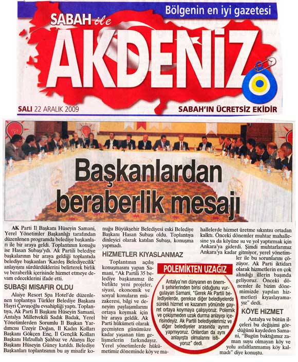 Sabah Akdeniz - Başkanlardan Beraberlik Mesajı - 22 Aralık 2009