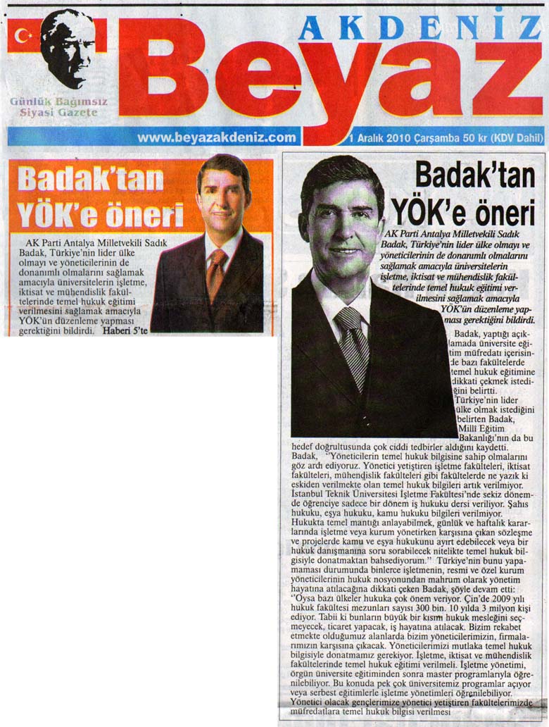 Beyaz Gazetesi - Badak'tan YÖK'e öneri - 1 Aralık 2010