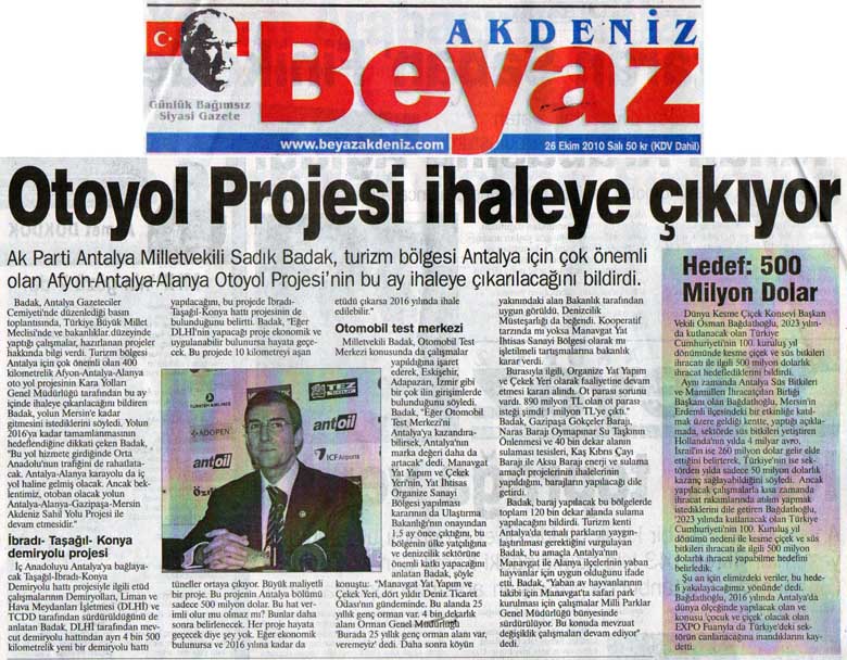 Beyaz Gazetesi - Otoyol Projesi ihaleye çıkıyor - 26 Ekim 2010