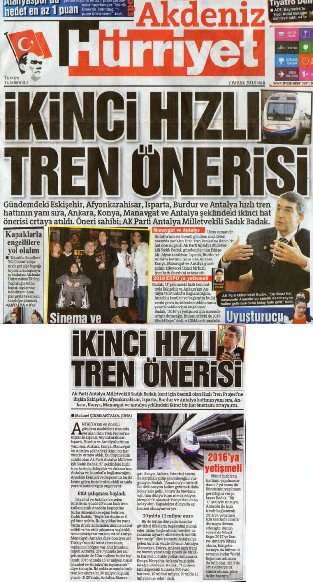 Hürriyet Akdeniz - İKİNCİ HIZLI TREN ÖNERİSİ - 7 Aralık 2010