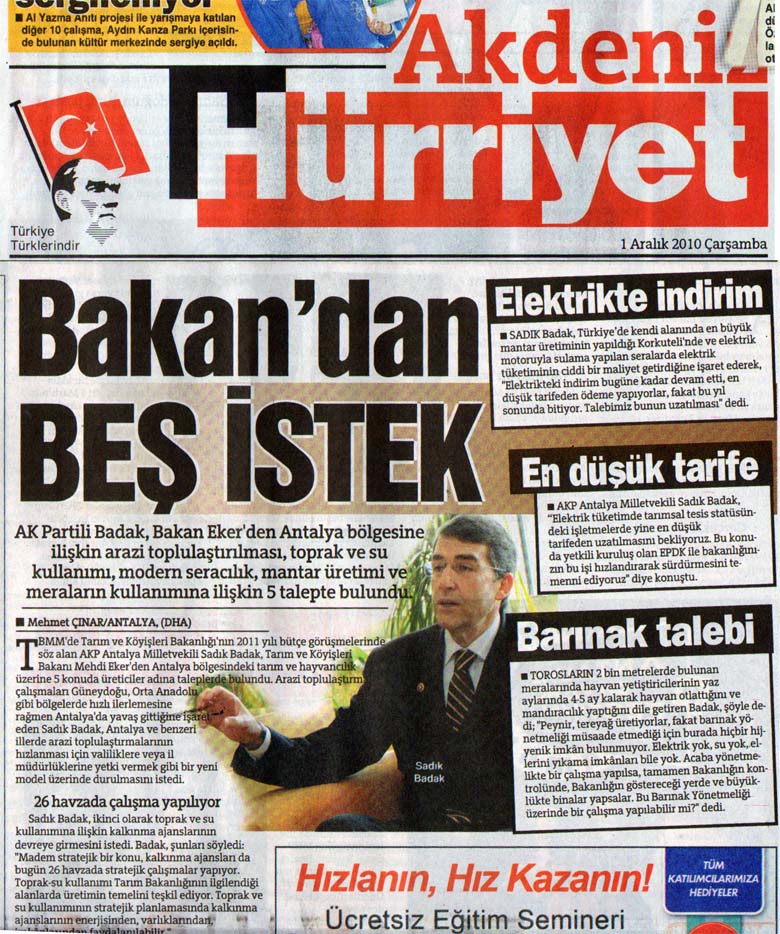 Hürriyet Akdeniz - Bakandan BEŞ İSTEK - 1 Aralık 2010