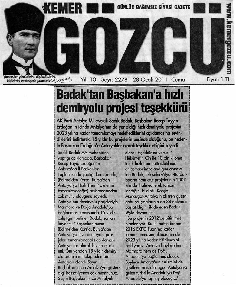 Kemer Gözcü - Badak'tan Başbakan'a hızlı demiryolu projesi teşekkürü - 28 Ocak 2011