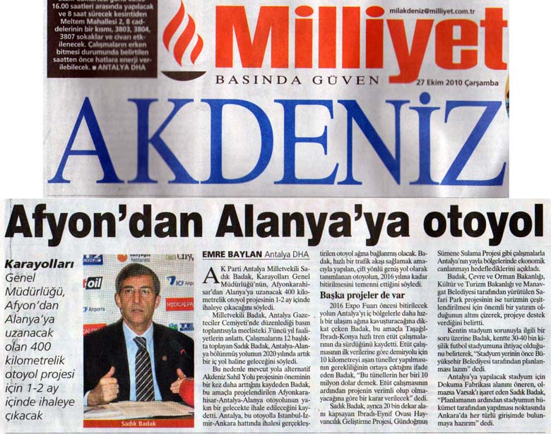 Milliyet Akdeniz - Afyon'dan Alanya'ya otoyol - 27 Ekim 2010
