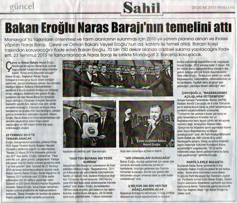 Sahil Gazetesi - Bakan Eroğlu Naras Barajı'nın temelini attı - 20 Ocak 2011