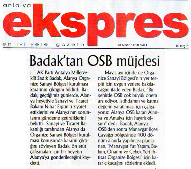 Ekspres Gazetesi - Badak'tan OSB müjdesi - 13 Nisan 2010