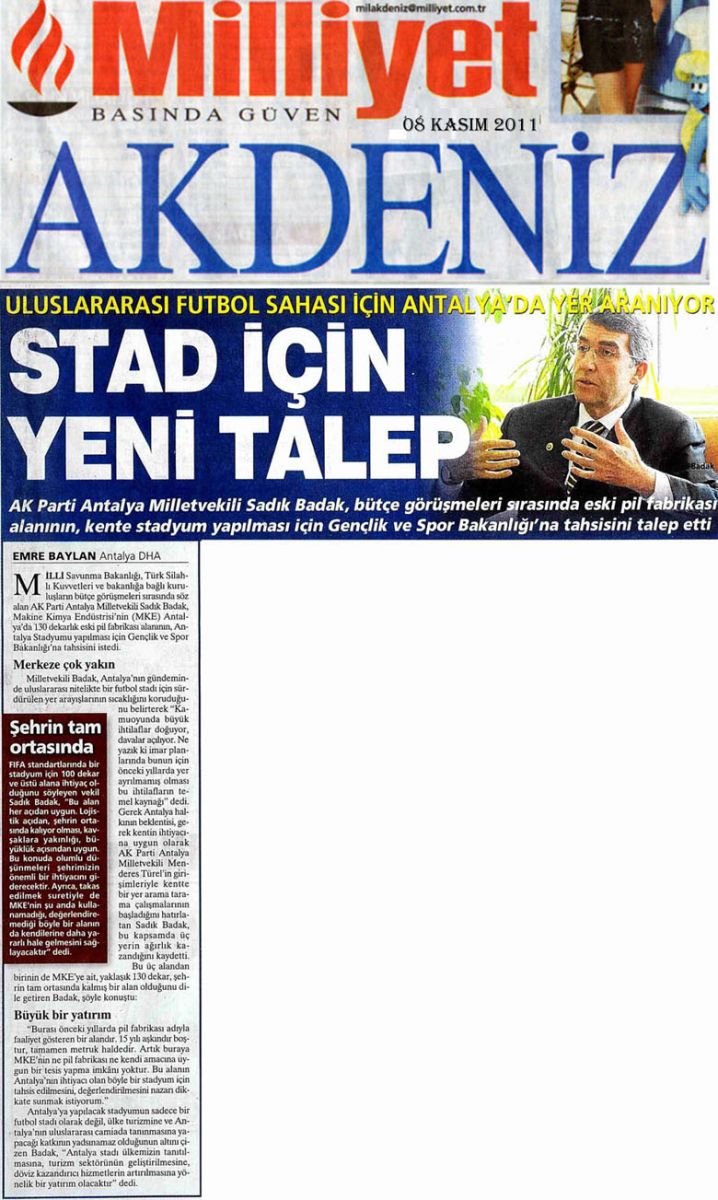 Milliyet Akdeniz - Stad İçin Yeni Talep - 8 Kasım 2011