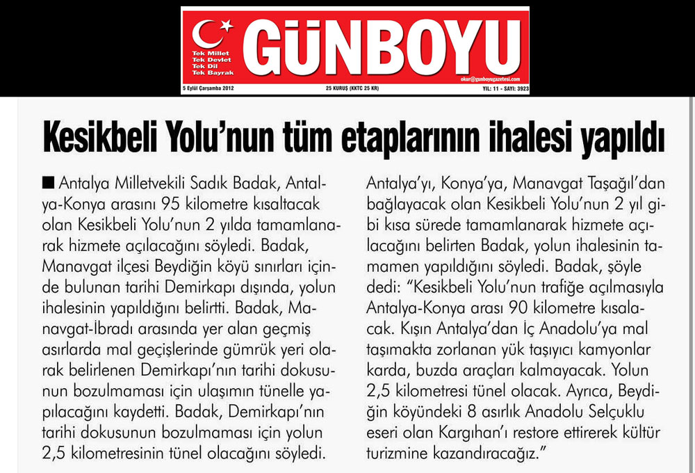 Günboyu - Kesikbeli Yolu'nun Tüm Etaplarının İhalesi Yapıldı - 5 Eylül 2012