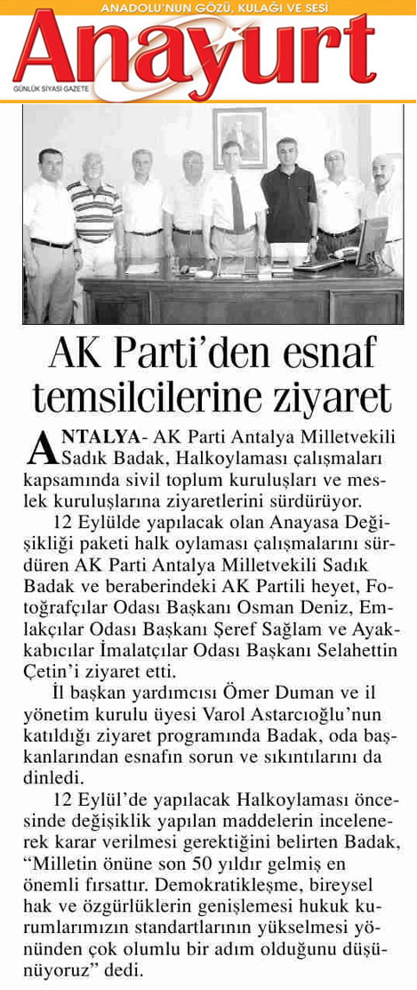 Anayurt Gazetesi - AK Parti'den esnaf temsilcilerine ziyaret - 29 Ağustos 2010