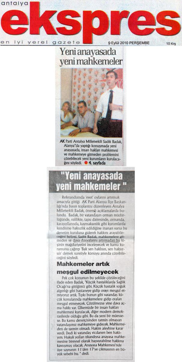 Ekspres Gazetesi - Yeni Anayasada Yeni Mahkemeler - 9 Eylül 2010