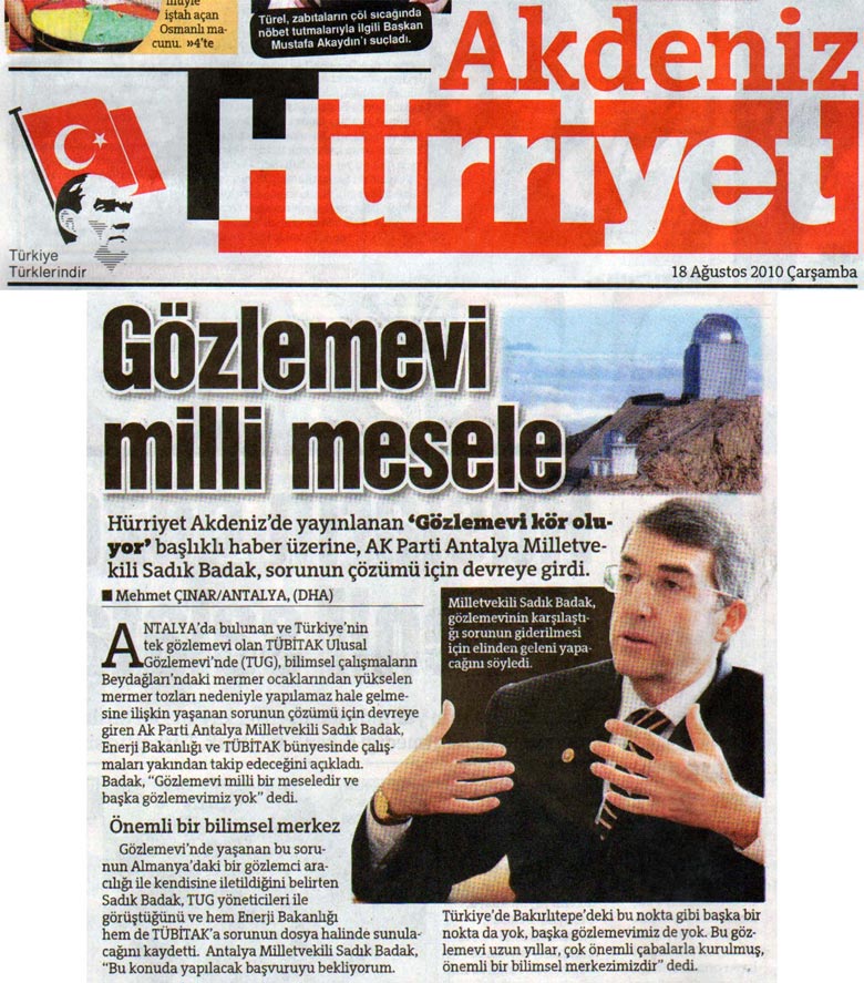 Hürriyet Akdeniz - Gözlemevi milli mesele - 18 Ağustos 2010