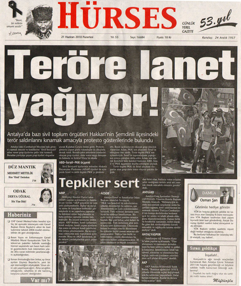 Hürses Gazetesi - Teröre Lanet Yağıyor! - 21 Haziran 2010