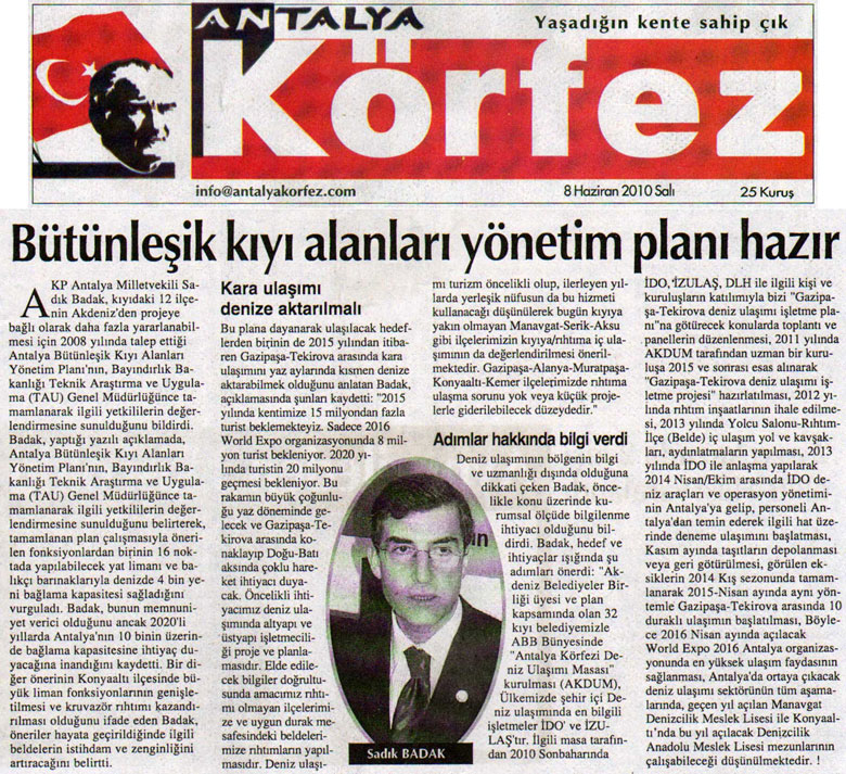 Körfez Gazetesi - Bütünleşik Kıyı Alanları Yönetim Planı Hazır - 8 Haziran 2010