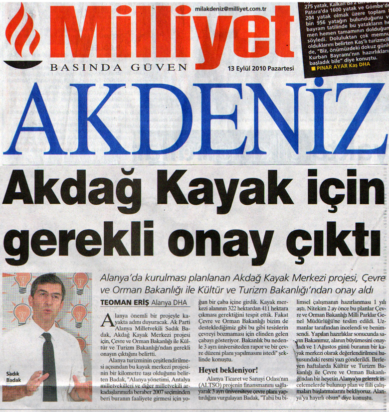 Milliyet Akdeniz - Akdağ Kayak İçin Gerekli Onay Çıktı - 13 Eylül 2010