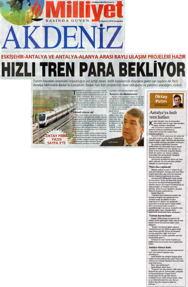 Milliyet Akdeniz - Hızlı Tren para Bekliyor - 30 Haziran 2010