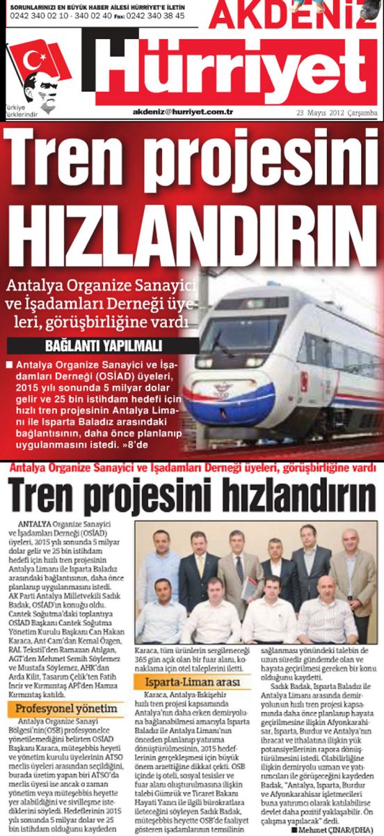 Hürriyet Akdeniz - Tren Projesini Hızlandırın - 23 Mayıs 2012