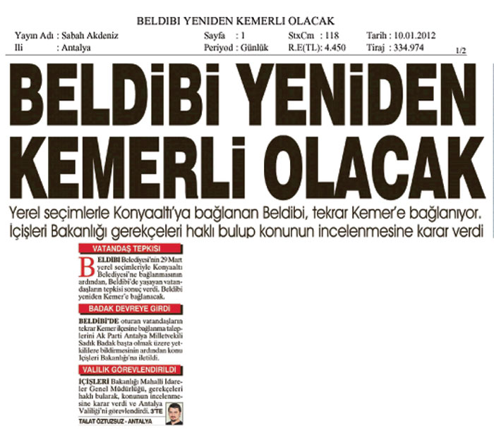 Sabah Akdeniz - Beldibi Yeniden Kemerli Olacak - 10 Ocak 2012