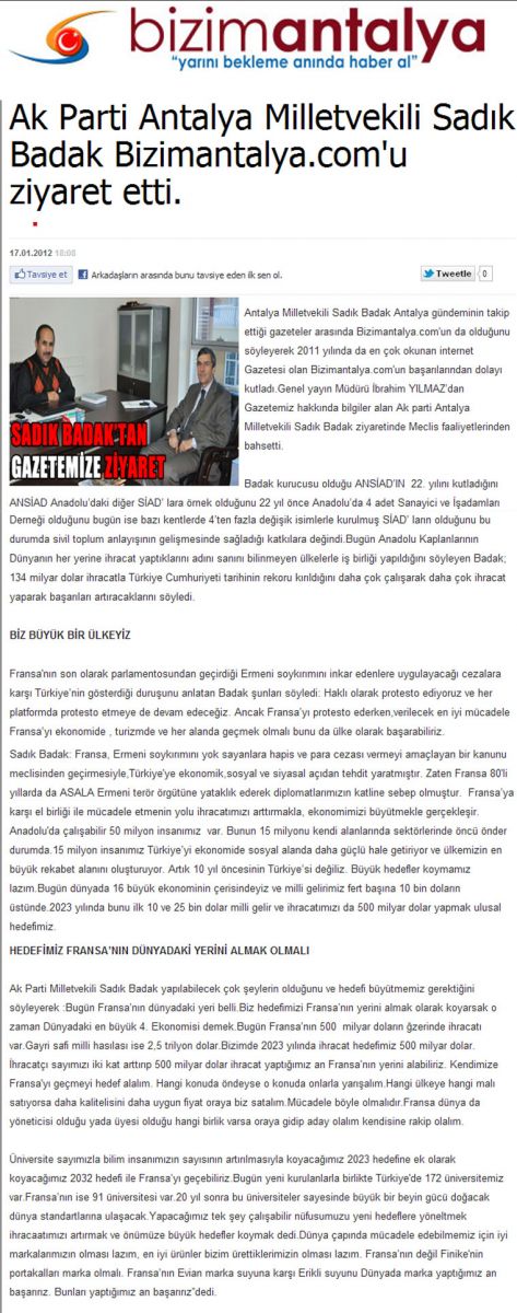 bizimantalya.com - Ak Parti Antalya Milletvekili Sadık Badak Bizimantalya.com'u Ziyaret Etti - 17 Ocak 2012
